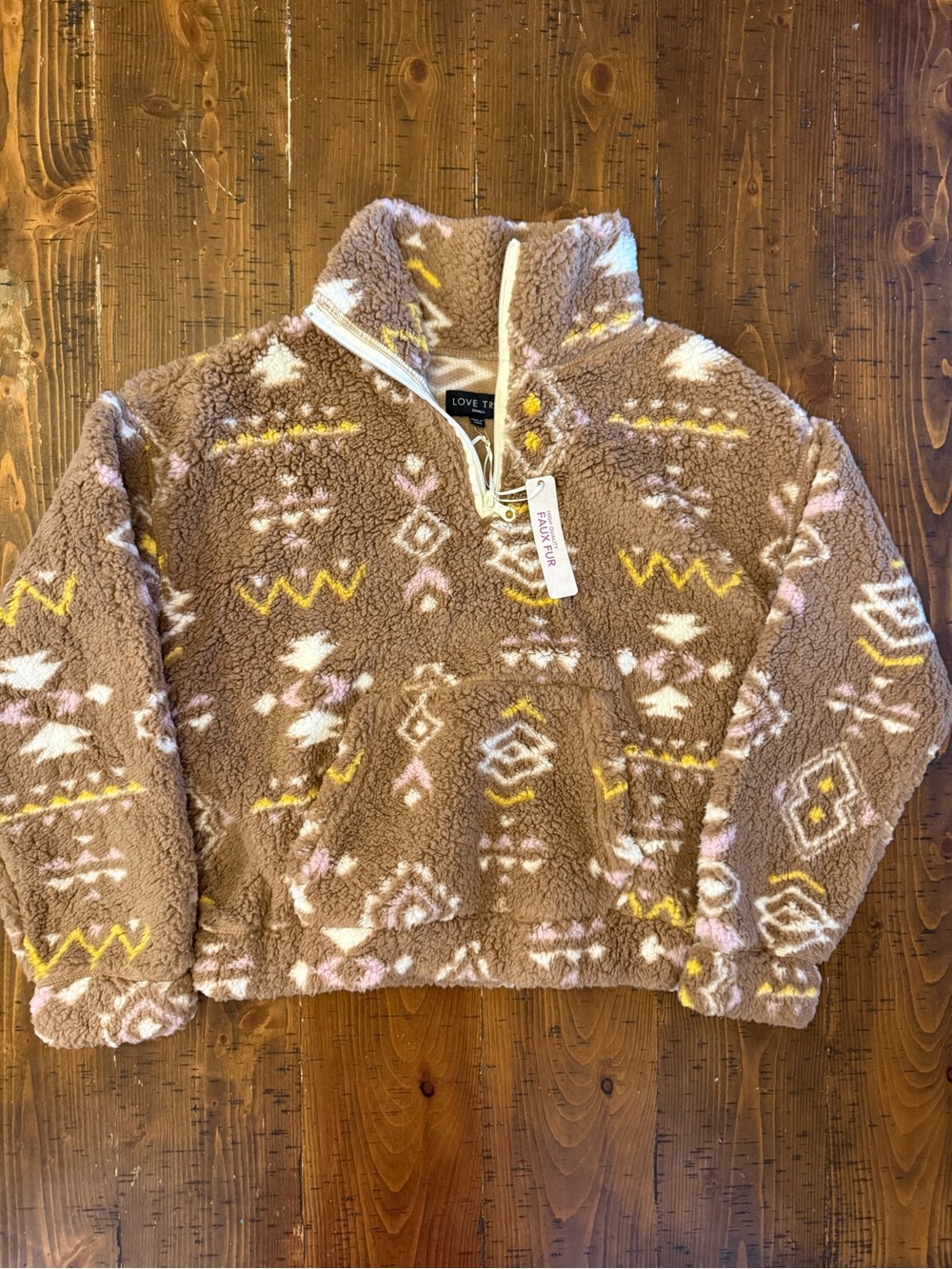 Love Tree 3/4 Pullover Sweatshirt Aztec Faux Fur Fuzzy Fleece Tan Sz S NWT